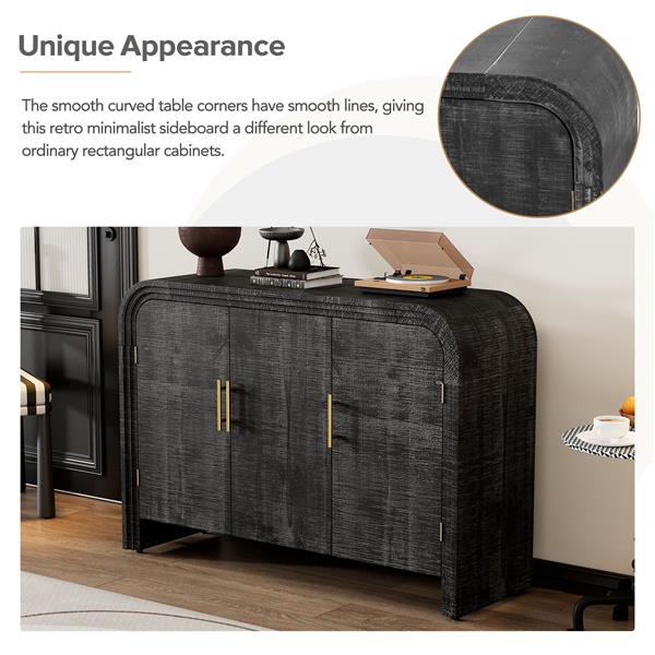 Retro Minimalist Curved Sideboard with ld Handles and Adjustable Dividers for Living Room or Dining Room (Antique Black)