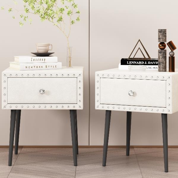 Modern Nightstands Set of 2 with Drawer and Crystal Handle, Elegant Rivet Velvet Design Bedside Table for Bedroom, Beige