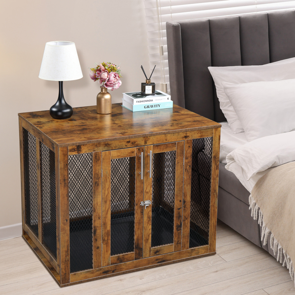 Furniture Dog Crate with Tray for Large Dogs, Indoor Aesthetic Puppy Kennel Pet House Dog Cage with Door, Modern Decorative Wood Pretty Cute Fancy End Side Table Nightstand, Rustic Brown