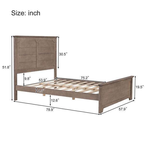 Farmhouse Wooden Platform Full Size Bed with Panel Design Headboard and Footboard for Teenager, Ash Brown