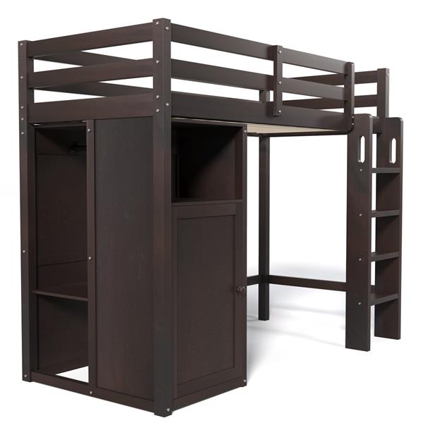 Twin Loft Bed with Wardrobe, Storage Shelves and Ladder, Espresso