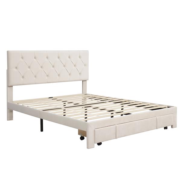 Queen Size Storage Bed Velvet Upholstered Platform Bed with a Big Drawer - Beige