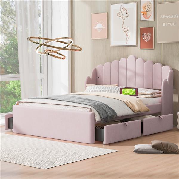 Full Size Upholstered Platform Bed with 4 Drawers and 2 USB, Pink