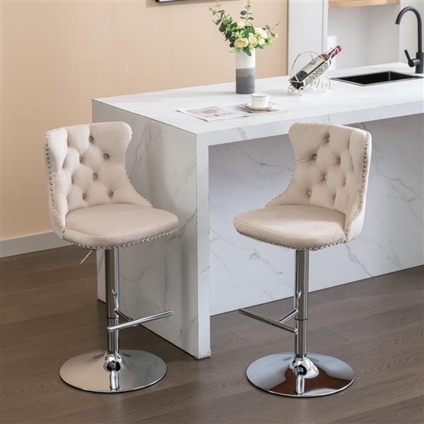 Swivel Velvet Barstools Adjusatble Seat Height from 25-33 Inch, Modern Upholstered Chrome base Bar Stools with Backs Comfortable Tufted for Home Pub and Kitchen Island,  Beige,Set of 2