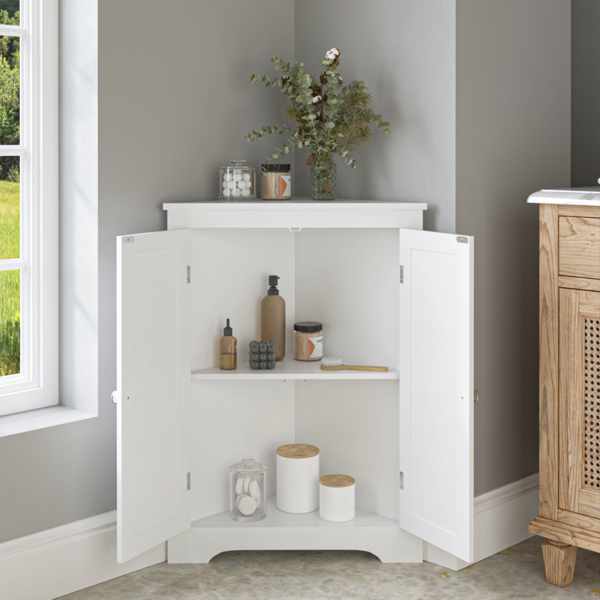 Floor Corner Cabinet with 2 Doors and Adjustable Shelves, Freestanding Narrow Cabinet Organizer, Corner Storage Cabinets for Bathroom, Kitchen, Living Room, or Bedroom, White 