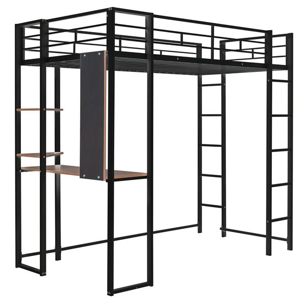 Twin Metal Loft Bed with 2 Shelves and one Desk ,BLACK