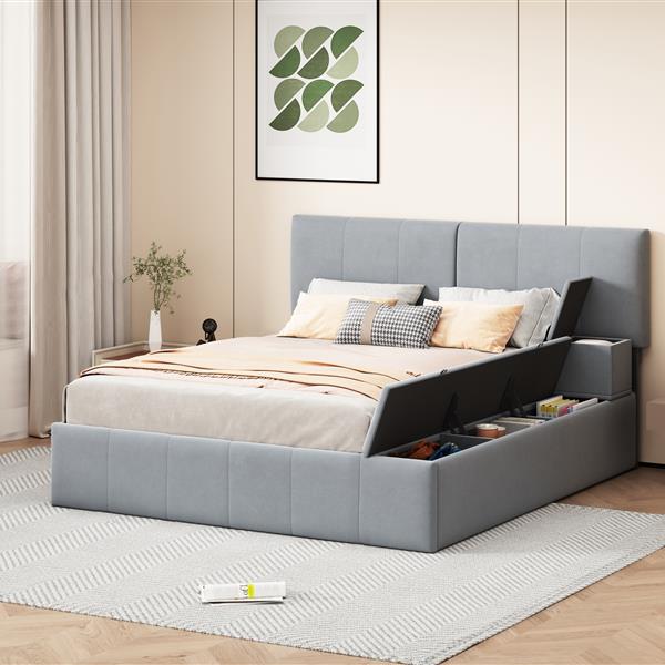 Queen Size Upholstered Platform Bed with Lateral Storage Compartments and Thick Fabric, Velvet, Gray