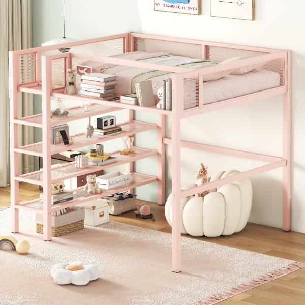 Full Size Metal Loft Bed with 4-Tier Shelves and Storage, Pink