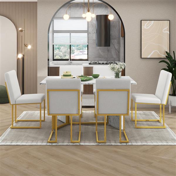 7-Piece Modern Dining Table Set, Artificial Marble Sticker Tabletop and 6 Upholstered Linen Chair All with lden Steel Legs for Dining Room and Kitchen (White + ld)