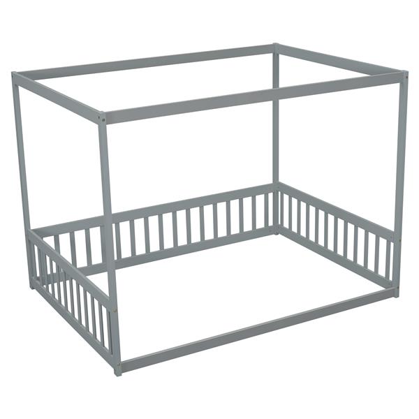 Full Size Canopy Frame Floor Bed with Fence, Guardrails,Grey