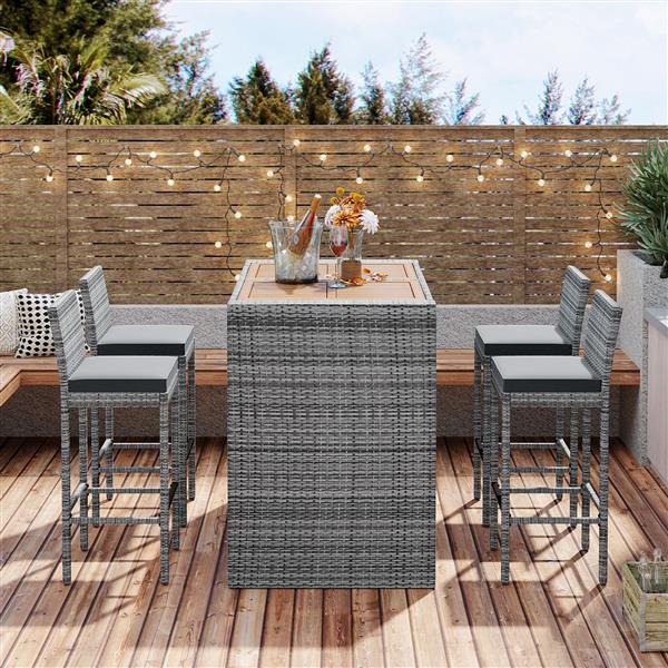 5-pieces Outdoor Patio Wicker Bar Set, Bar Height Chairs With Non-Slip Feet And Fixed Rope, Removable Cushion, Acacia Wood Table Top, Brown Wood And Gray Wicker