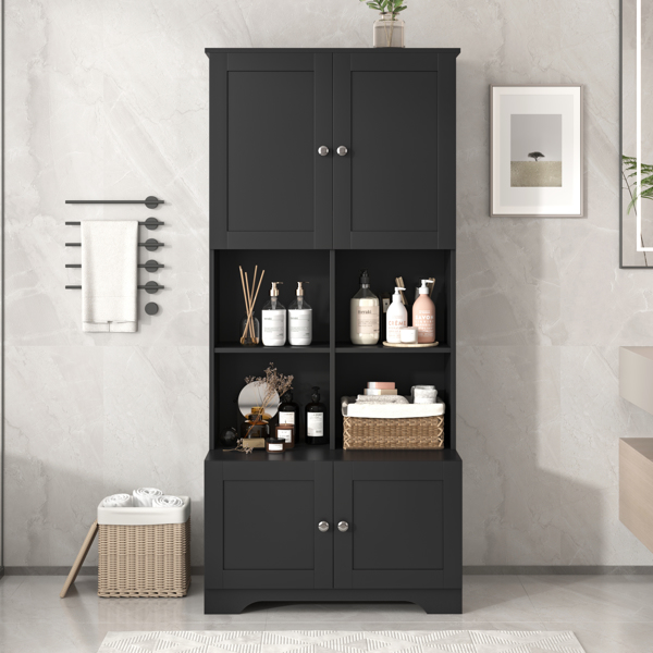 Tall and Wide Bathroom Floor Storage Cabinet, Bathroom Storage Unit, Freestanding Cabinet with 4 Doors, Adjustable Shelves, Open multi-layer Shelves, Black 