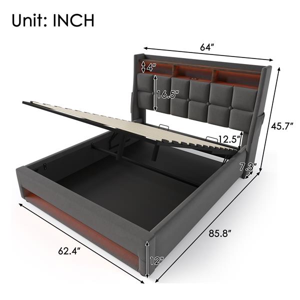 Queen size Upholstered Platform bed with a Hydraulic Storage System, LED and USB Charging, Grey (without mattress)