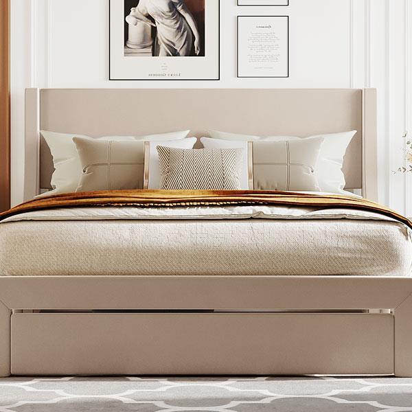 Queen Size Storage Bed Velvet Upholstered Platform Bed with a Big Drawer - Beige