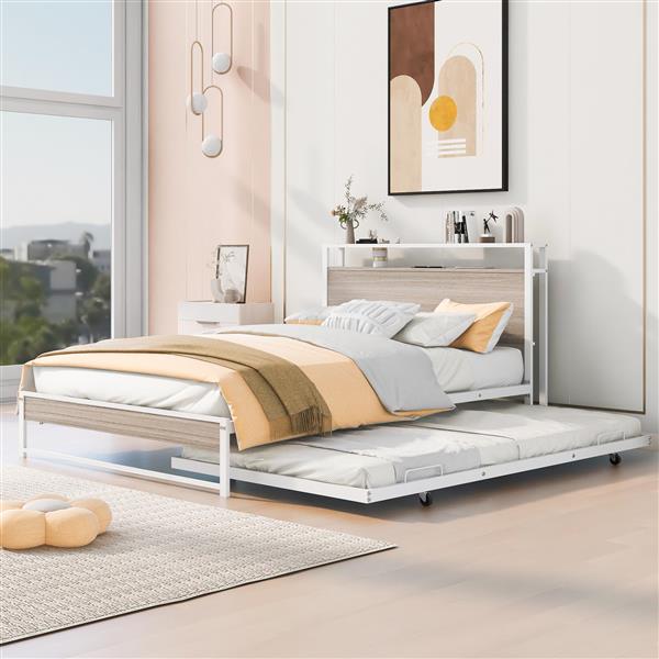 Full Size Metal Platform Bed Frame with Trundle, USB Ports and Slat Support ,No Box Spring Needed White