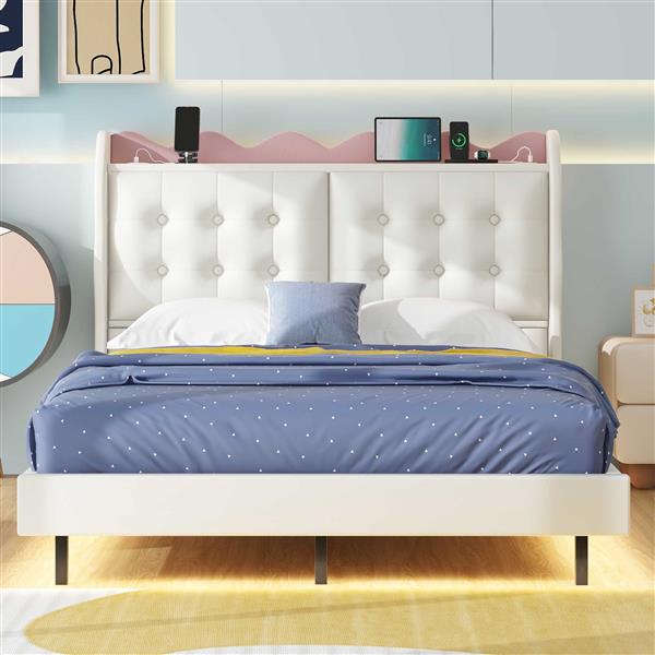 Full Size Upholstery Platform Bed Frame with LED Light Strips,Headboard Storage Space and Two USB Charging Deisgn,Beige