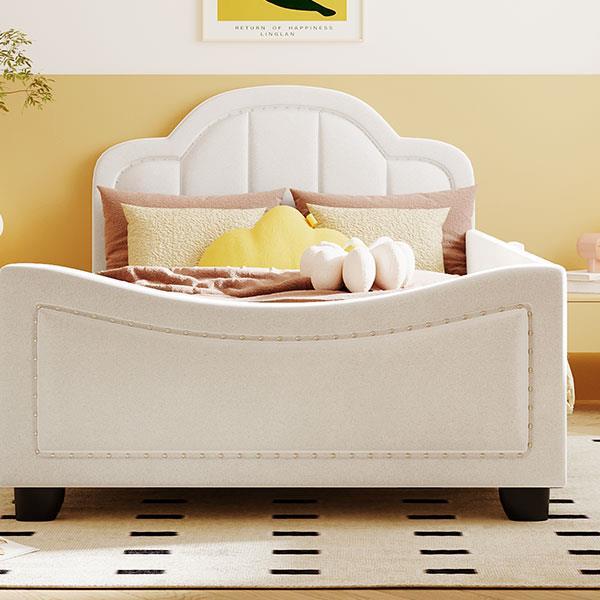 Twin Size Upholstered Daybed with Cloud Shaped Headboard, Embedded Elegant Copper Nail Design, Beige