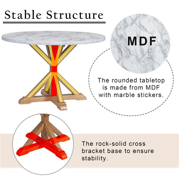 5-Piece Farmhouse Style Dining Table Set, Marble Sticker and Cross Bracket Pedestal Dining Table, and 4 Upholstered Chairs (White+Walnut)
