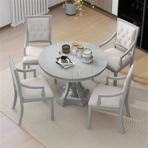 Retro 5-piece Dining Set Extendable Round Table and 4 Chairs for Kitchen Dining Room(ANTIQUE GRAY OAK)