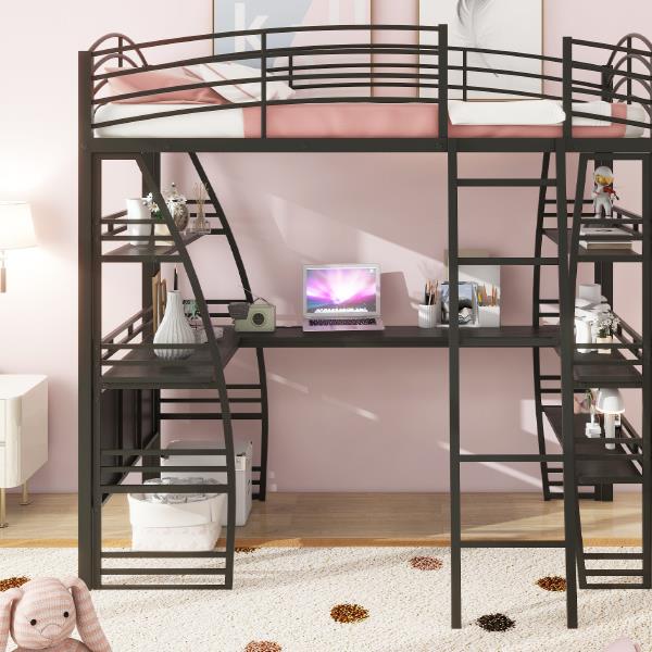 Twin Size Loft Bed with 4 Layers of Shelves and L-shaped Desk, Stylish Metal Frame Bed with a set of Sockets, USB Ports and Wireless Charging, Black