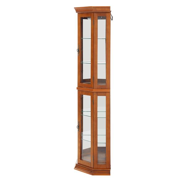 Corner Curio Cabinet Lighted Corner Display, Glass Display Shelf Shelving Bar cabinet with Tempered Glass Door, Bar Cabinet,Cabinet with Adjustable Shelf Glass Cabinet Shelves Bead Bulb Included OAK