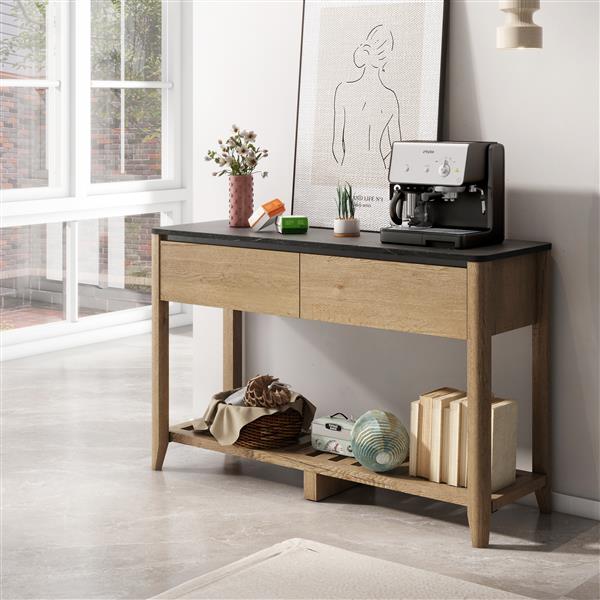 47 Inch Modern Farmhouse Double Drawers Console Table for Living Room or Entryway, Tobacco Wood and White Marble Texture