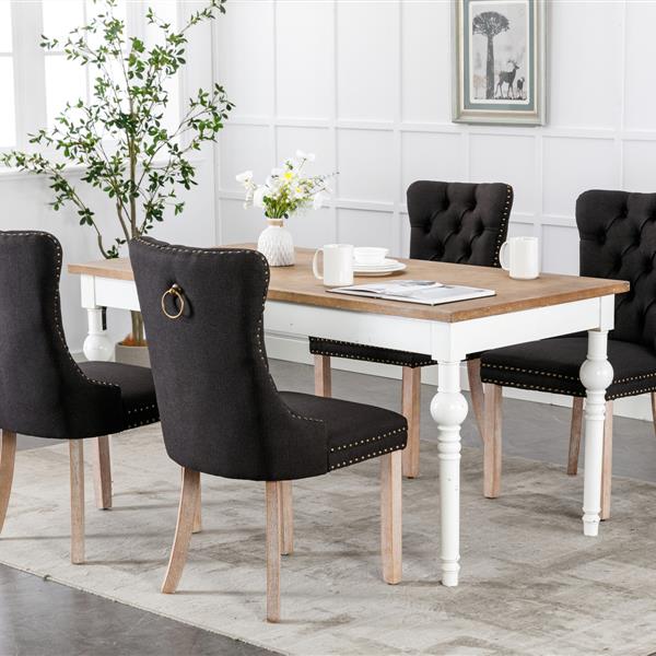 Modern, High-end Tufted Solid Wood Contemporary Flax Upholstered Linen Dining Chair with Wood Legs Nailhead Trim 2-Pcs Set,Black Linen, SW6801BK