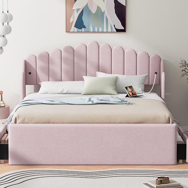 Queen Size Upholstered Platform Bed with 4 Drawers and 2 USB, Pink