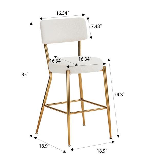 Set of 2 modern teddy fabric upholstered bar stools - Metal base high stool - Suitable for kitchen, dining and living room - Beige - Stylish and comfortable island seating