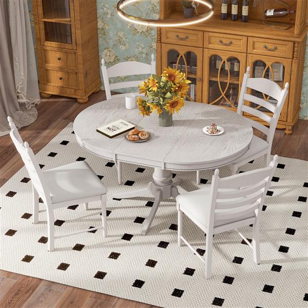 5-Piece Retro Functional Dining Table Set Wood Round Extendable Dining Table and 4 Upholstered Dining Chairs (Antique White)