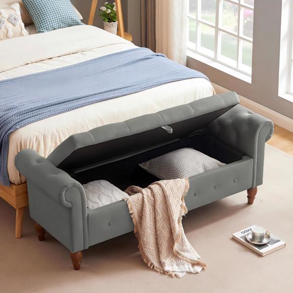 Grey, Solid Wood Legs, Velvet Bedroom End of Bed Storage Bench, Rolled Side Sofa Bench, Toy Storage Bench