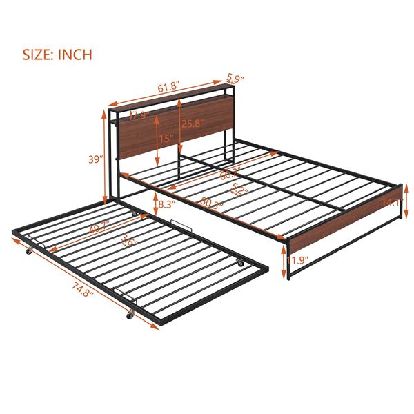 Queen Size Metal Platform Bed Frame with Trundle, USB Ports and Slat Support ,No Box Spring Needed Black