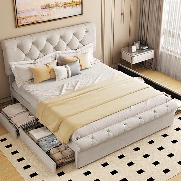 Full size Upholstered Platform bed with Four Drawers, Antique Curved Headboard, Linen Fabric, Beige (without mattress)