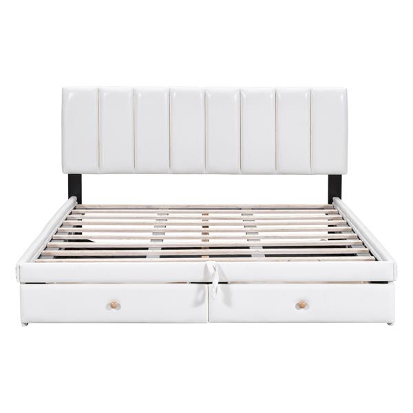 Queen Size Upholstered Bed with Hydraulic Storage System and Drawer, White