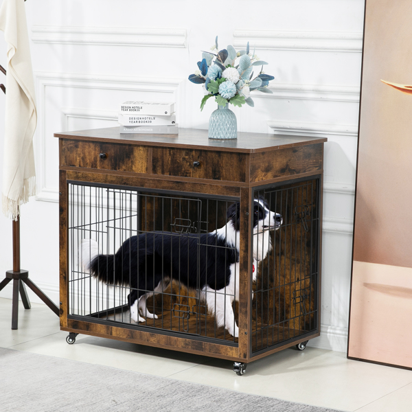 38.4" Wooden Dog Crate Furniture Decorative Pet Cage Dog Kennel with 2 Drawers