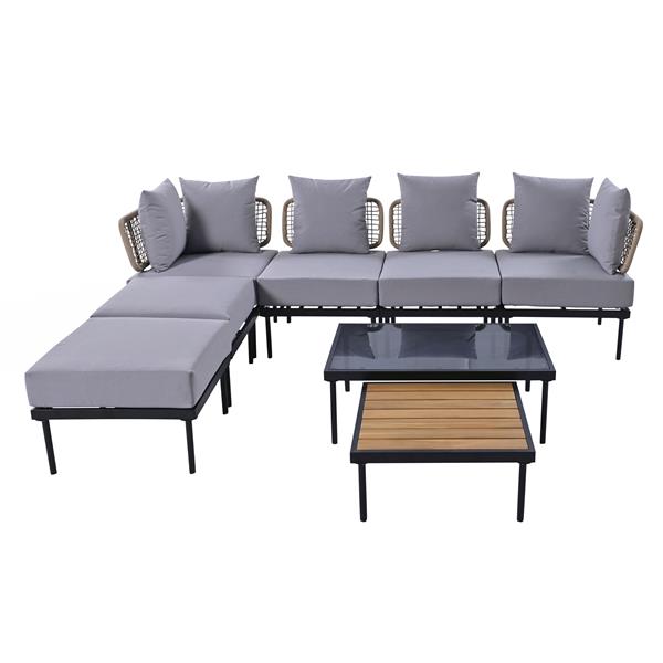 8-Piece Patio Sectional Sofa Set with Tempered Glass Coffee Table and Wooden Coffee Table for Outdoor Oasis, Garden, Patio and Poolside (Light Grey Cushion + Black Steel)