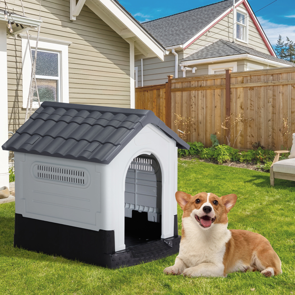 26 inch Plastic Dog House, Indoor Outdoor Doghouse Pet House with Air Vents and Elevated Floor, Insulated Water Resistant Puppy Shelter Kennel for Small Dogs, Gray & White