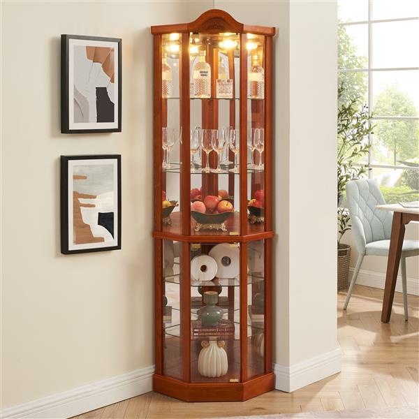 Glass Cabinet Lighted Corner Cabinet Corner Display Curio Cabinet, Glass Display With Light(Included)Bar Cabinet,Wine Cabinet with Adjustable Glass Shelves Carved Decoration OAK Light(Included)