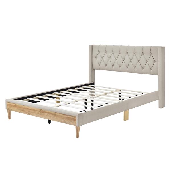 Upholstered Platform Bed with Rubber Wood Legs,No Box Spring Needed, Linen Fabric,Queen Size-Beige