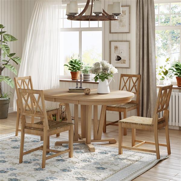 Rustic 5-Piece Extendable Dining Table Set Round Trestle Table and 4 Cross Back Dining Chairs for Kitchen, Dining Room, Natural