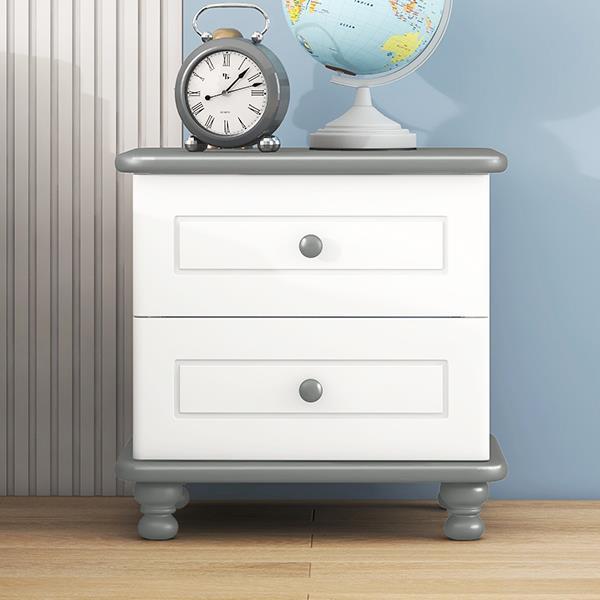 Wooden Nightstand with Two Drawers for Kids,End Table for Bedroom,White+Gray