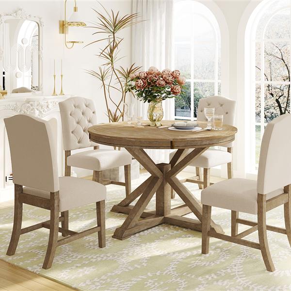 Functional Furniture Retro Style Dining Table Set with Extendable Table and 4 Upholstered Chairs for Dining Room and Living Room(Natural Wood Wash)