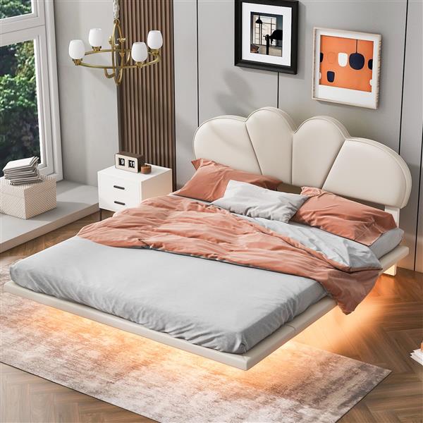 Full Size Upholstery LED Floating Bed with PU Leather Headboard and Support Legs,Beige