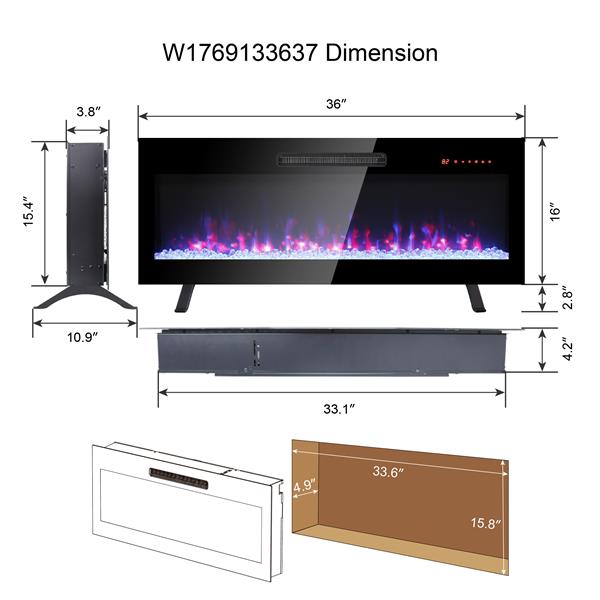 36 inch recessed ultra thin tempered glass front wall mounted electric fireplace with remote and multi color flame & emberbed, LED light heater