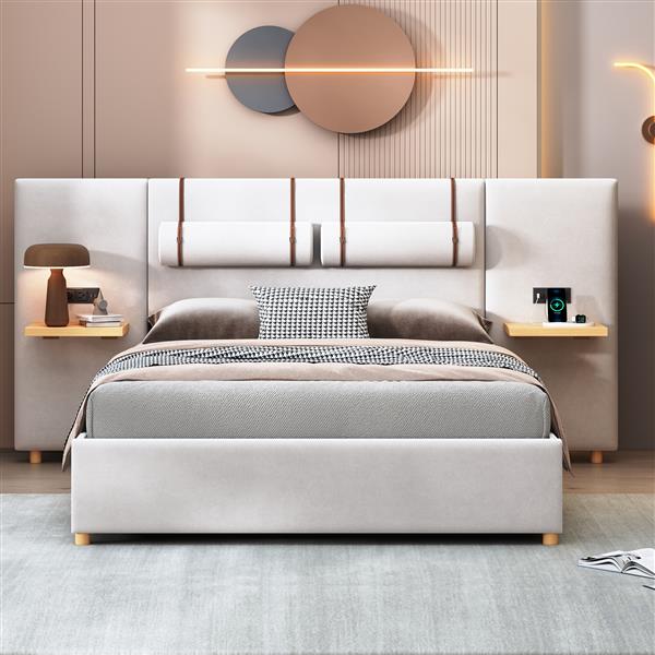 Queen Size Upholstered Platform Bed, Two Outlets and USB Charging Ports on Both Sides, Two Bedside Pillows, Storage Shelves, Beige