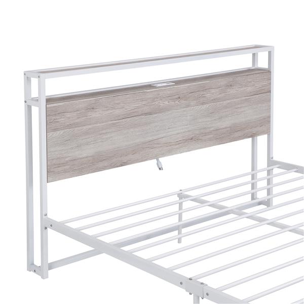 Queen Size Metal Platform Bed Frame with Sockets, USB Ports and Slat Support ,No Box Spring Needed White