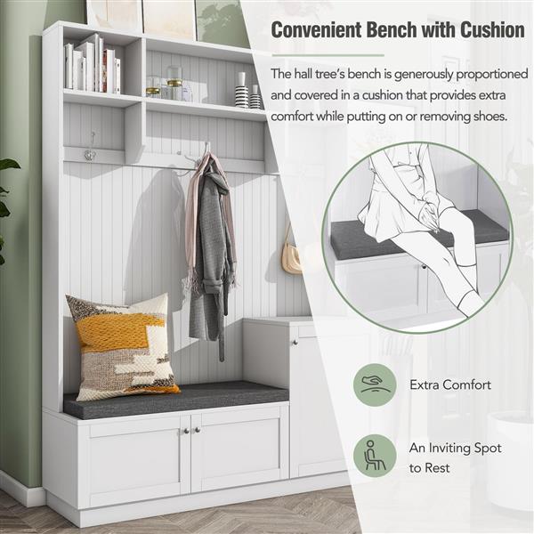 Elegant Design Hall Tree with Comfort and Storage Solutions, Functional Hallway Shoe Cabinet with Bench&Cushion, Modern Coat Rack with Hooks for Entryways, White