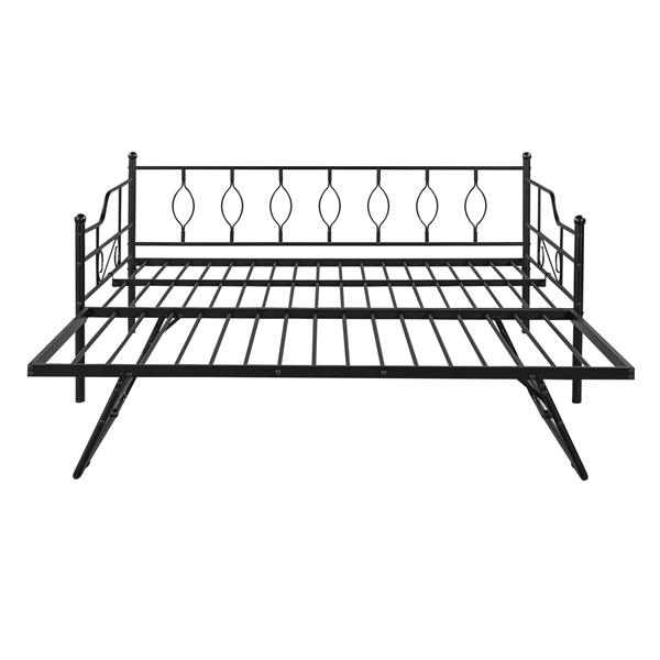 Full Size Metal Daybed with Twin Size Adjustable Trundle, Portable Folding Trundle, Black