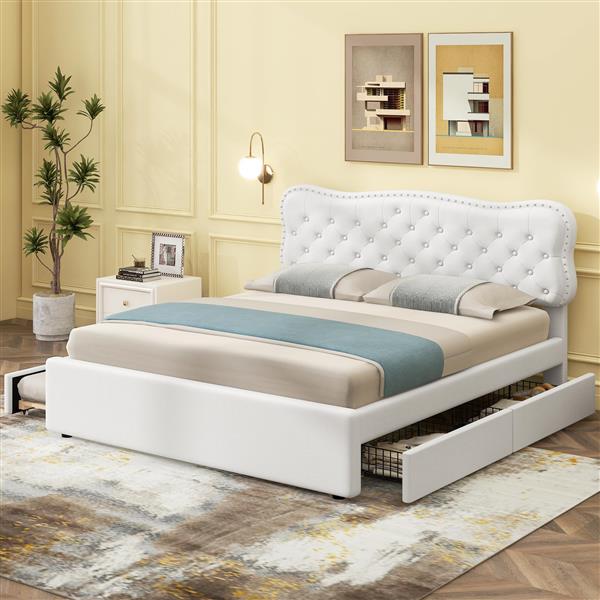 Queen Size Upholstery Platform Bed with Storage Drawers and Trundle,White