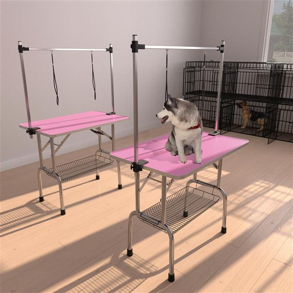 42" Folding Dog Pet Grooming Table Stainless Steel Frame Rubber Mat on Board with Adjustable Arm and Clamps pet dog Cat Grooming Table (PINK COLOR)